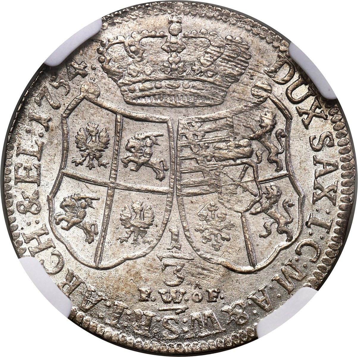 August III Sas. 1/3 Talara (1/2 Guldena) 1754, Drezno NGC MS63 (MAX) - WYŚMIENITE